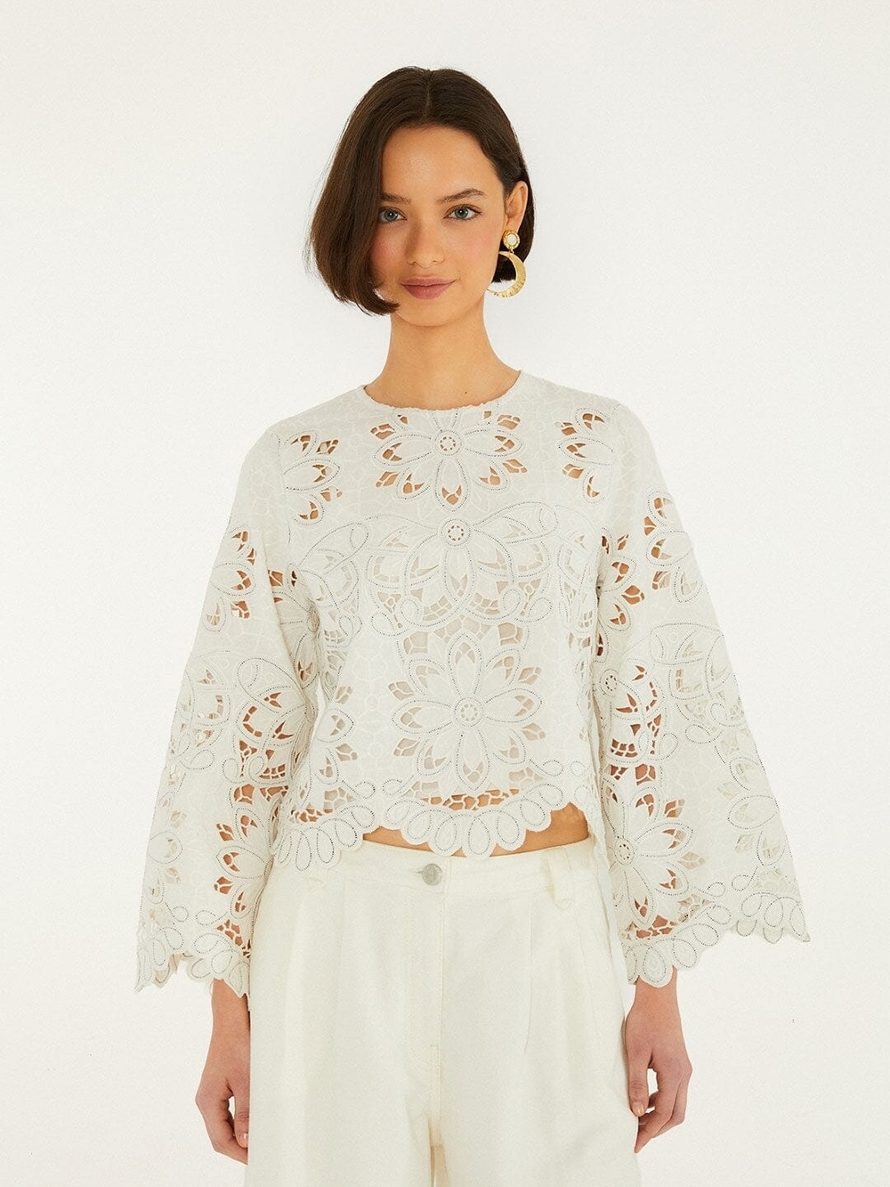 FARM Rio Ivory Floral Crochet Lace Bell-Sleeve Top